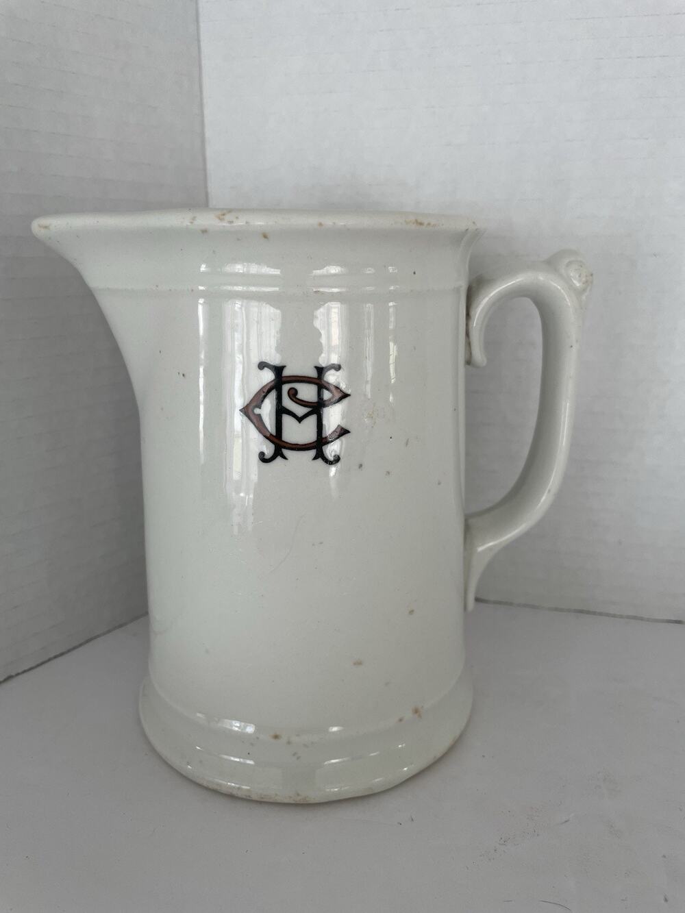 Vintage White Ironstone Milk Pitcher 6 1/4 Monogram “CH” Iroquois USA Farmhouse